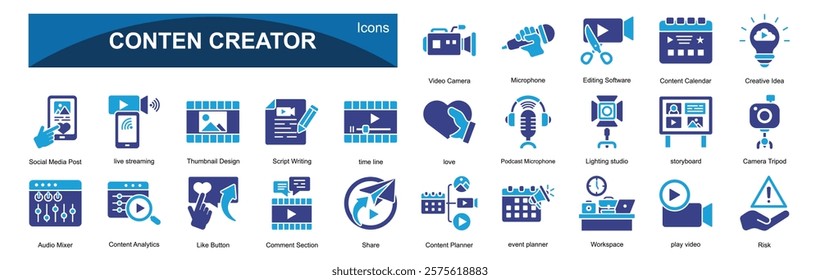 Content creator 25 icons sets with colour blue style  