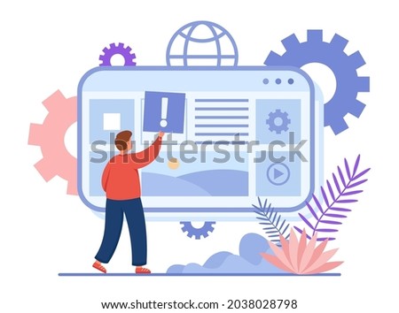 Content creator cartoon character adding information online. Man publishing post on website, making digital content flat vector illustration. Management, social media concept, technology for banner