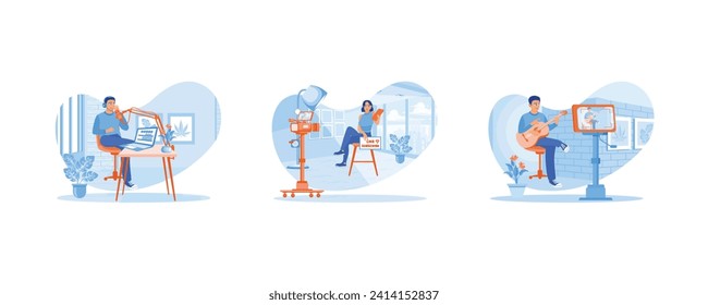 Content Creator concept. A female vlogger is recording video at home using a professional camera. Young man creates content playing guitar. set flat vector illustration.