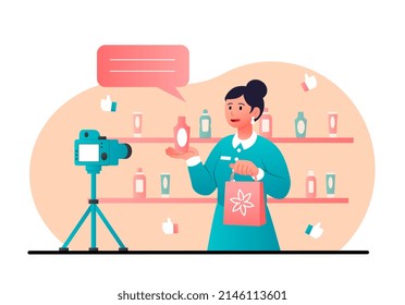 Content creator concept. Girl stands with cream in her hands in front of camera. Product review and opinion, popular personality. Video hosting and blogging. Cartoon flat vector illustration