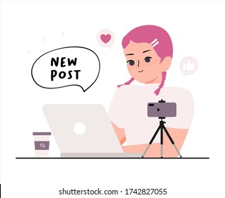 Content creator concept. Influencer woman with laptop and smartphone vlogging and blogging illustration