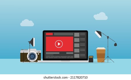 content creator concept with laptop and photography camera and lightning tools with modern flat style