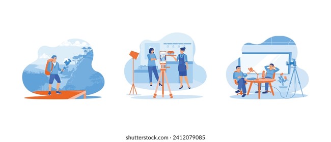 Content Creator concept. Making a video on a trip to the mountains. Cooking content. Two guys are doing a podcast. Set Flat vector illustration.