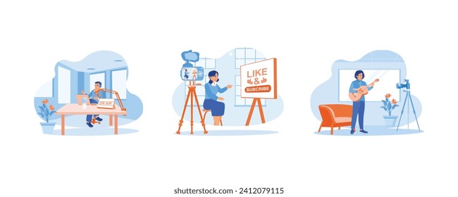 Content Creator concept. Online streaming of a conversation. Young female vlogger. Music Youtuber. Set Flat vector illustration.