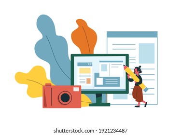 Content creator concept with paper, pencil and camera flat vector illustrator. Blogger character isolated in white background.