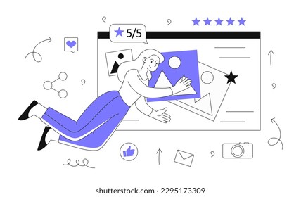 Content creator concept. Woman develops graphic elements for website, fills pages with articles. Freelancer and designer, SEO specialist with image. Cartoon flat vector illustration