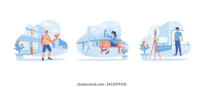 Content Creator concept. Young male vlogger travels. Women are making daily vlogs and explaining something while being recorded. Set Flat vector illustration.