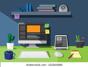 content creator in creative process vector illustration. Man sitting at workplace and working at new art project. Video editor job, motion graphic creator profession flat style concept