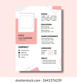 Content Creator CV Resume, includes contact information, resume summary or objective, work experience, education, and skills