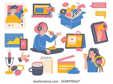 content creator doodle, video, blogger, podcast, vlogger, flat style illustration design element