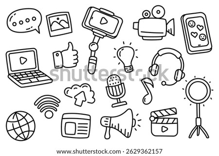 Content creator doodles collection on a white background. Set of content creator elements with doodle style
