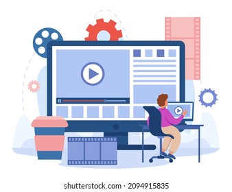 Content creator editing video footage in studio. Editor publishing viral video on social media, multimedia production flat vector illustration. Motion design concept for banner or landing web page