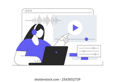 Content creator editing video footage in studio. Editor publishing viral video on social media, multimedia production. Video editing. Flat Cartoon Vector Illustration, icon. Stylish abstract Blue 