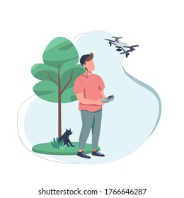 Content creator flat color vector faceless character. Shooting film with technology. Creative hobby. Video production with drone isolated cartoon illustration for web graphic design and animation
