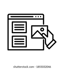 Content creator icon. Hand picked photo content placing on website screen. Line vector. Isolate on white background.