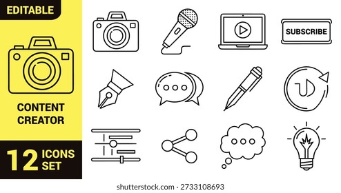 Ícone do criador de conteúdo definido com câmera, microfone, lâmpada, balão de fala, vídeo, trabalho em equipe, análise, escrita, criatividade e símbolos de mídia