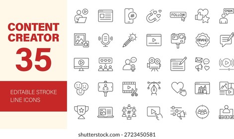 Conjunto de iconos de creador de contenido. Contiene redes sociales, podcast, en vivo, streaming, crear, marketing digital, narración, blog, comunicación, ciberespacio y más. Iconos de línea editables. Ilustración vectorial.