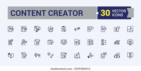 Content Creator icon set. Contains related to blog, record, cast, phone, creator, story and more. Outline symbol collection. Editable vector icon and illustration.