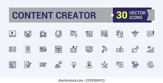 Content Creator icon set. Contains related to blog, record, cast, phone, creator, story and more. Outline symbol collection. Editable vector icon and illustration.