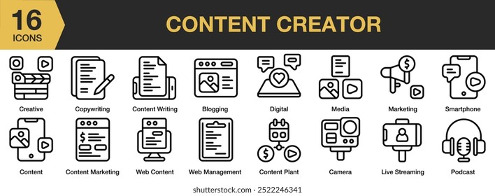 Content Creator icon set. Includes blogging, camera, content plan, writing, copywriting, and More. Outline icons vector collection.