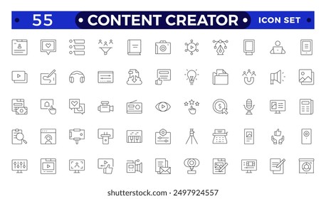 Content creator icon set. Modern thin line style of love social media related icons: passion, creator, celebrity, and more. Pictograms and infographics for mobile
