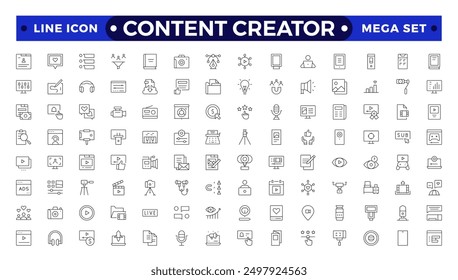 Conjunto de iconos de creador de contenido. Estilo de línea delgada moderna de amor iconos relacionados con las redes sociales: pasión, creador, celebridad y más. Pictogramas e infografías para móviles
