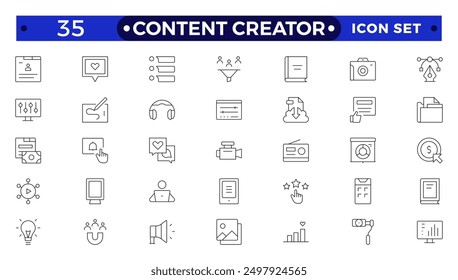 Content creator icon set. Modern thin line style of love social media related icons: passion, creator, celebrity, and more. Pictograms and infographics for mobile
