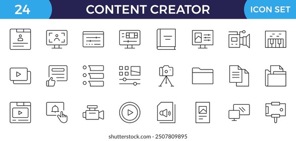 Conjunto de iconos de creador de contenido. Estilo de línea delgada moderna de amor iconos relacionados con las redes sociales: pasión, creador, celebridad y más. Pictogramas e infografías para móviles. Icono de contorno de trazo editable.