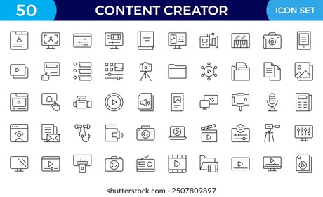 Conjunto de iconos de creador de contenido. Estilo de línea delgada moderna de amor iconos relacionados con las redes sociales: pasión, creador, celebridad y más. Pictogramas e infografías para móviles. Icono de contorno de trazo editable.