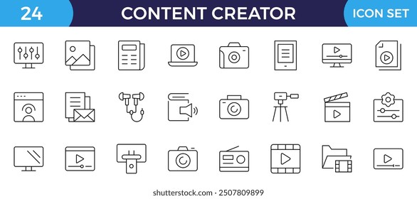 Conjunto de iconos de creador de contenido. Estilo de línea delgada moderna de amor iconos relacionados con las redes sociales: pasión, creador, celebridad y más. Pictogramas e infografías para móviles. Icono de contorno de trazo editable.