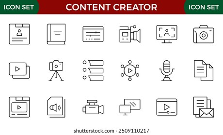 Conjunto de iconos de creador de contenido. Estilo de línea delgada moderna de amor iconos relacionados con las redes sociales: pasión, creador, celebridad y más. Pictogramas e infografías para móviles. Icono de contorno de trazo editable.