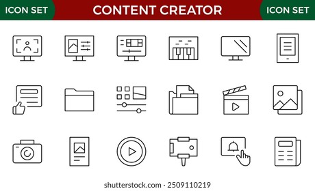 Conjunto de iconos de creador de contenido. Estilo de línea delgada moderna de amor iconos relacionados con las redes sociales: pasión, creador, celebridad y más. Pictogramas e infografías para móviles. Icono de contorno de trazo editable.