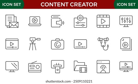 Conjunto de iconos de creador de contenido. Estilo de línea delgada moderna de amor iconos relacionados con las redes sociales: pasión, creador, celebridad y más. Pictogramas e infografías para móviles. Icono de contorno de trazo editable.