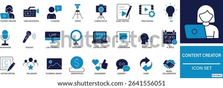 Content Creator Icon Set Social Media, Video, Blogging and Online Creativity Symbols.
