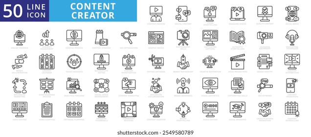 Content creator icon set with target audience, online presence, social media management, influencer marketing, monetization, creative process, strategy, seo optimization, and graphic design