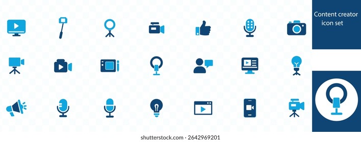 Content creator icon set. Video editing, content strategy, youtuber, blogger, monetization, podcast, live streaming, social network, subscribe and more.