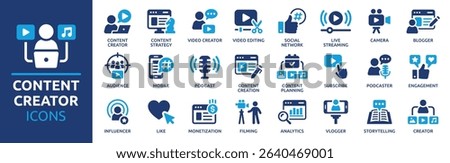 Content creator icon set. Video editing, content strategy, blogger, monetization, podcast, live streaming, social network, subscribe and more. Solid vector icons collection.