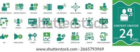 Content Creator Icon Set. Video editing, content strategy,  blogger, monetization, podcast, live streaming, social media, subscribe. Solid vector icons collection.
