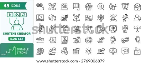 Content creator icons set. Set of editable stroke icons representing content creation, video production, and digital marketing
