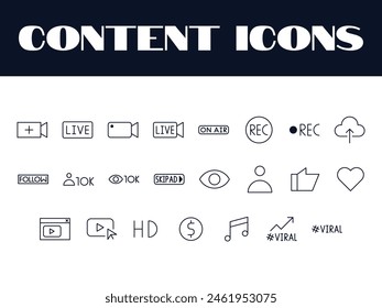Content Creator-Symbole festgelegt. Influencer Icon Illustration Vektorgrafik. Social Media Content Vektorgrafik.