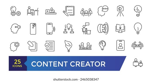 Content creator Icons set. Simple line art style icons pack. Editable ui stroke.