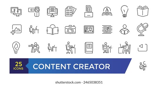 Content creator Icons set. Simple line art style icons pack. Editable ui stroke.