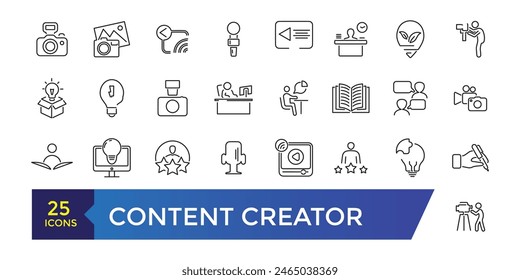 Content creator Icons set. Simple line art style icons pack. Editable ui stroke.