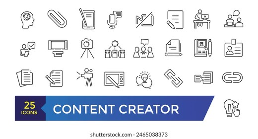 Content creator Icons set. Simple line art style icons pack. Editable ui stroke.