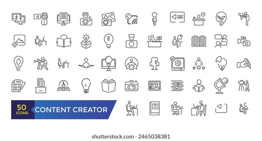 Iconos del creador de contenido establecidos. Paquete de iconos de estilo de arte de línea simple. Trazo de IU editable.