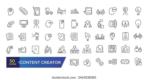 Content creator Icons set. Simple line art style icons pack. Editable ui stroke.