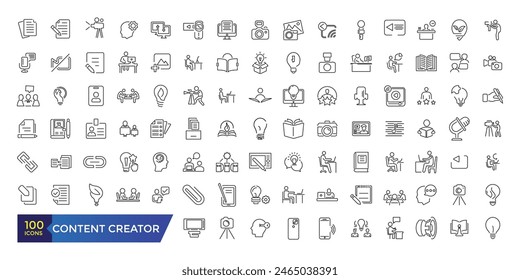 Iconos del creador de contenido establecidos. Paquete de iconos de estilo de arte de línea simple. Trazo de IU editable.