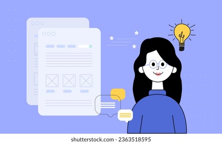 Ilustración de creador de contenido, diseñador UX, creación y administración de contenido. Diseño y desarrollo web, análisis, seo, redes sociales. Capacidades de diseño y creación de contenido