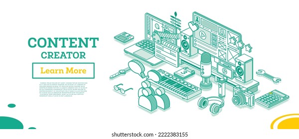 Content creator. Isometric Outline Concept. Vector Illustration. Blog or Vlog Content Strategy. Laptop with Clapping Board, Stabilizer for Smartphone, Camera and Midi Keyboard Isolated on White.