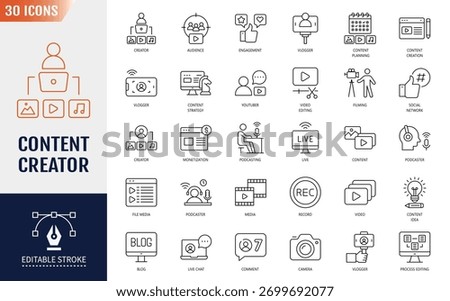 Content creator line editable icon set. Containing icons: Video editing, content strategy, youtuber, blogger, monetization, podcast, live streaming and more. Vector illustration
